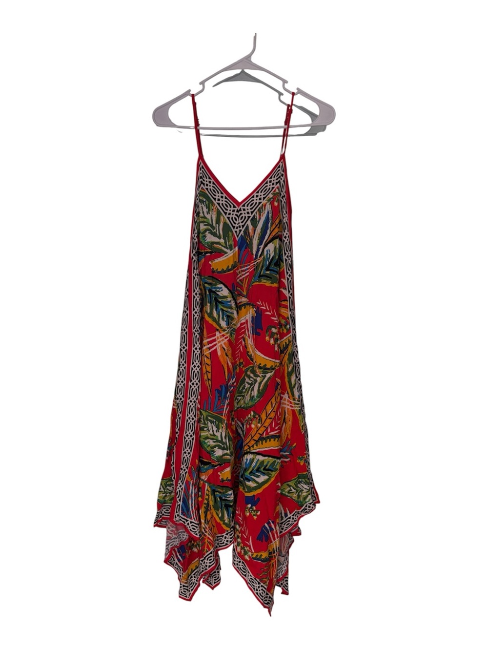 Jealous Tomato Red Tropical Leaf Asymmetrical Slip Dress